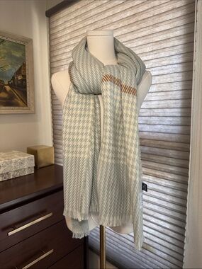 Save the Ocean Light Blue & Cream Houndstooth Scarf with Brown Stripe